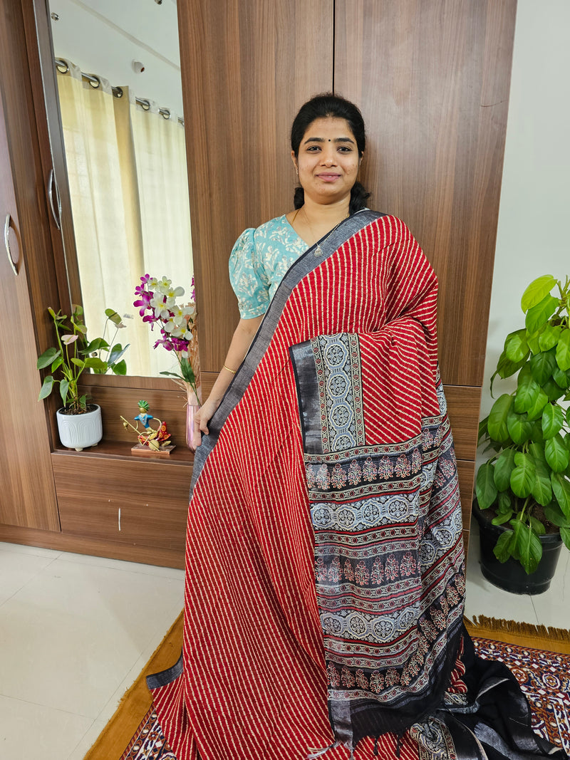 Linen Cotton with Digital Printed Sarees - Red with Black