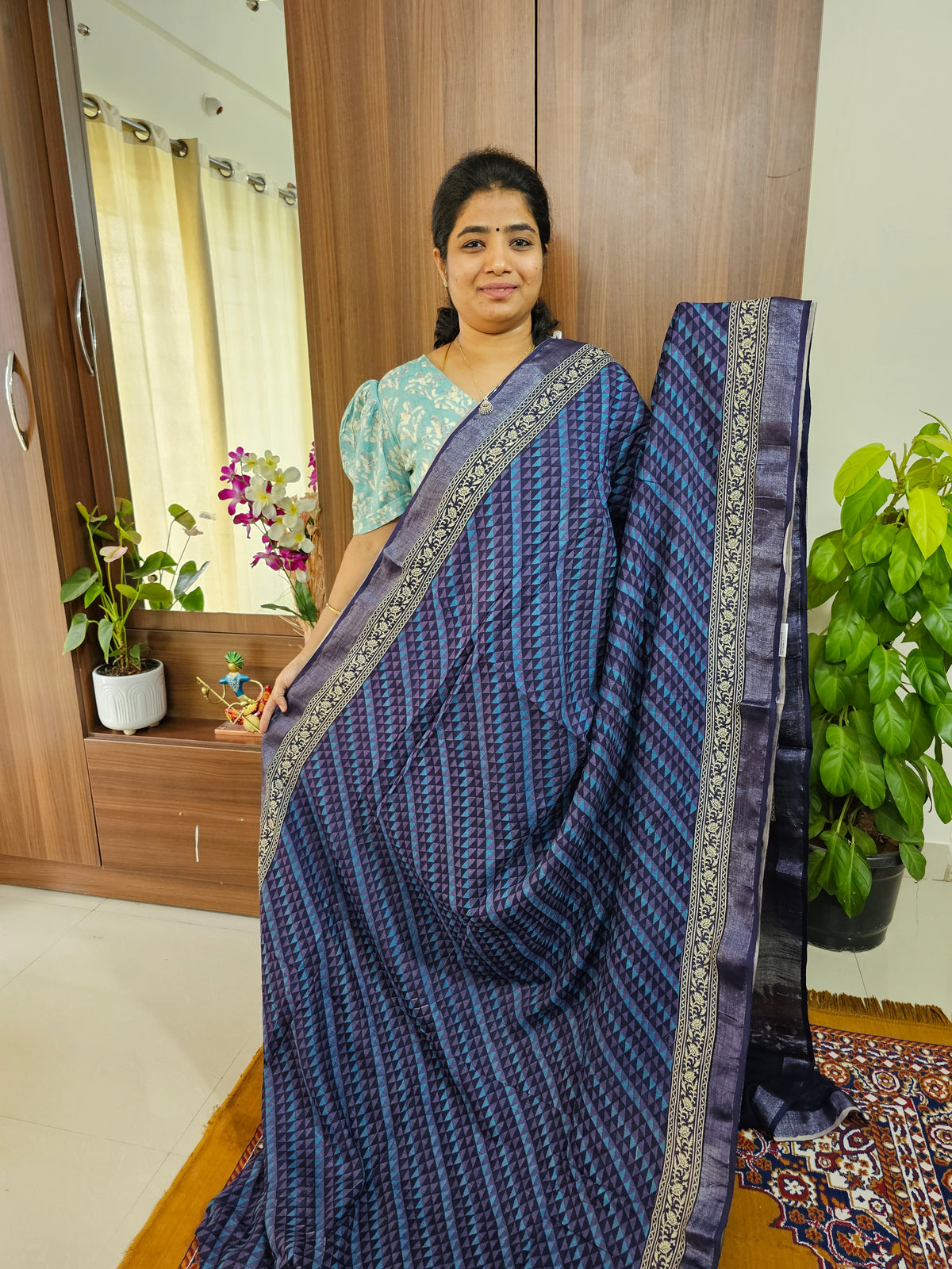 Linen Cotton with Digital Printed Sarees - Dark Blue