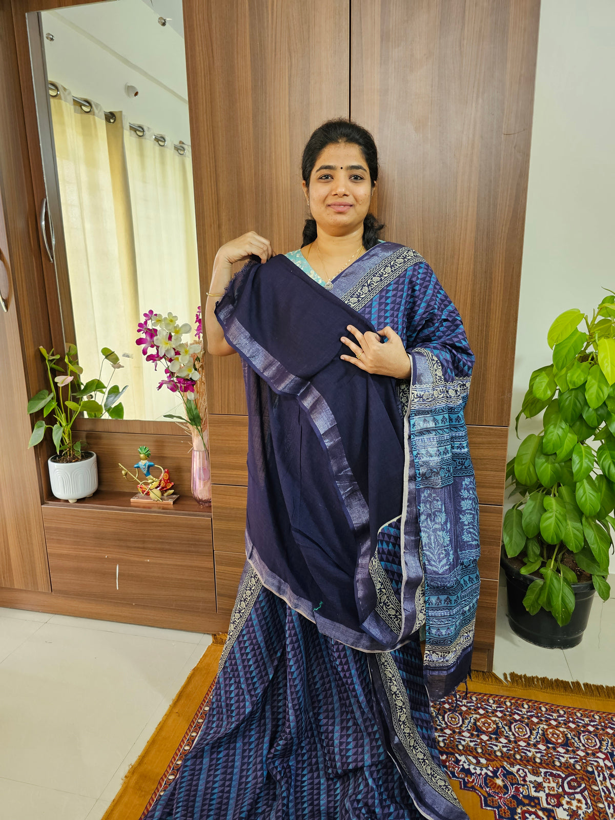 Linen Cotton with Digital Printed Sarees - Dark Blue