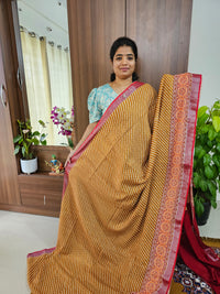 Linen Cotton with Digital Printed Sarees -  Mustard Yellow with Red
