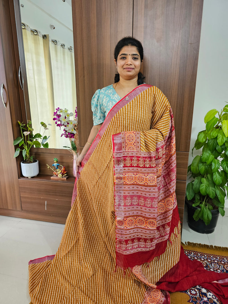 Linen Cotton with Digital Printed Sarees -  Mustard Yellow with Red