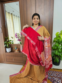 Linen Cotton with Digital Printed Sarees -  Mustard Yellow with Red