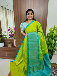 Classical Kanjivaram Pattern Pure Handloom Soft Silk Saree - Lime Green with Sea Green