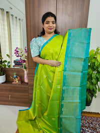 Classical Kanjivaram Pattern Pure Handloom Soft Silk Saree - Lime Green with Sea Green