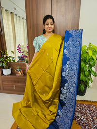 Classical Kanjivaram Pattern Pure Handloom Soft Silk Saree - Golden Yellow with Blue