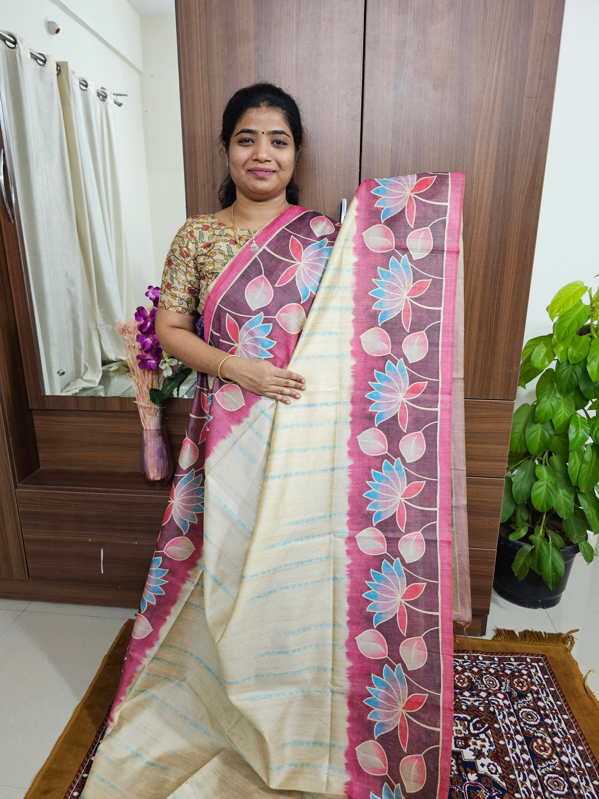 Semi Tussar with Striped Zari Weaving Saree - Cream with Magenta Pink