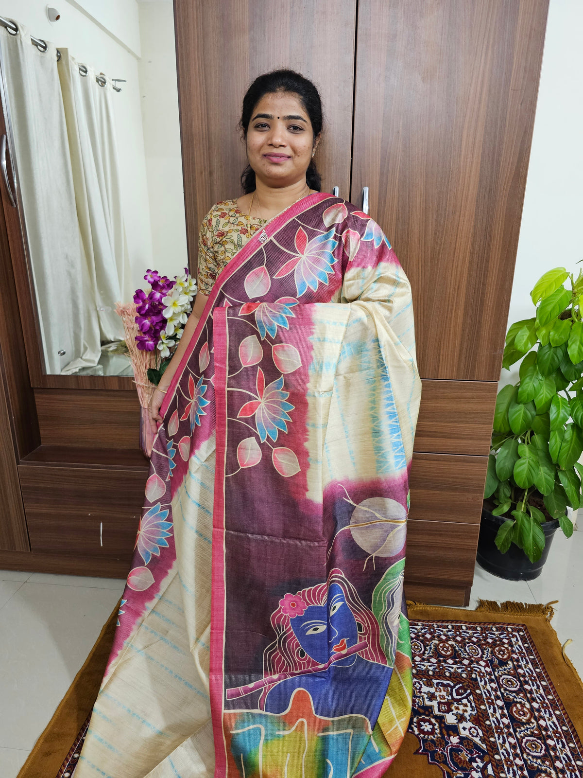 Semi Tussar with Striped Zari Weaving Saree - Cream with Magenta Pink