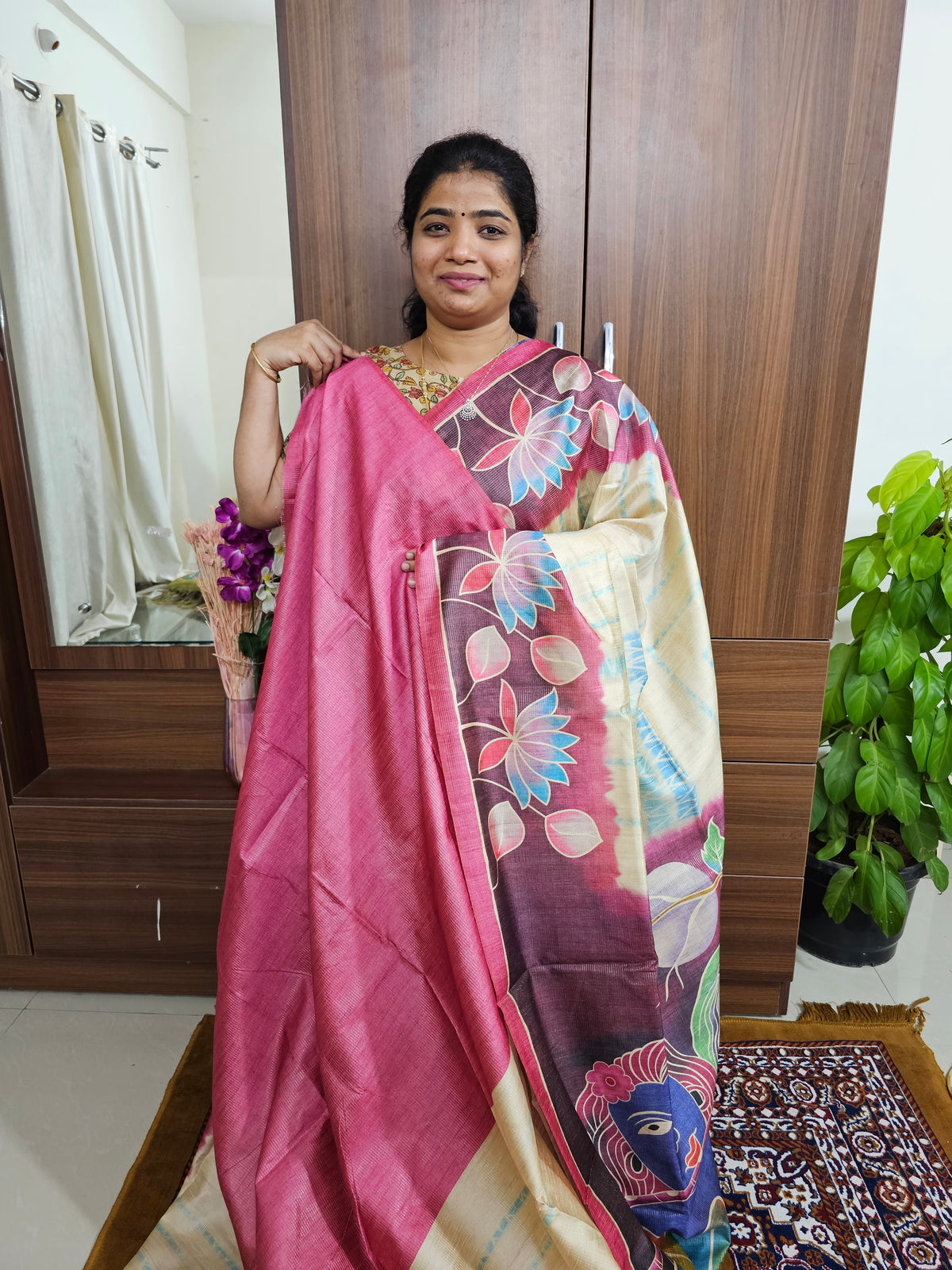 Semi Tussar with Striped Zari Weaving Saree - Cream with Magenta Pink