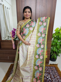 Semi Tussar with Striped Zari Weaving Saree - Cream with Green