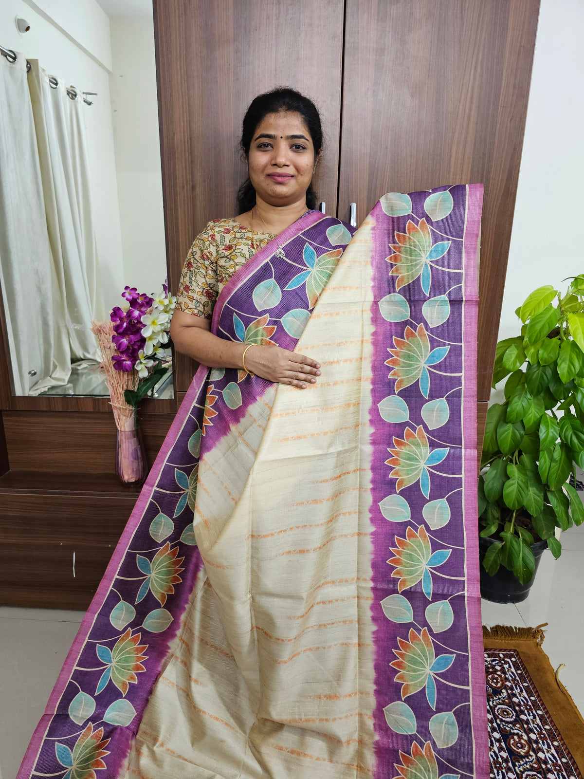 Semi Tussar with Striped Zari Weaving Saree - Cream with Purple