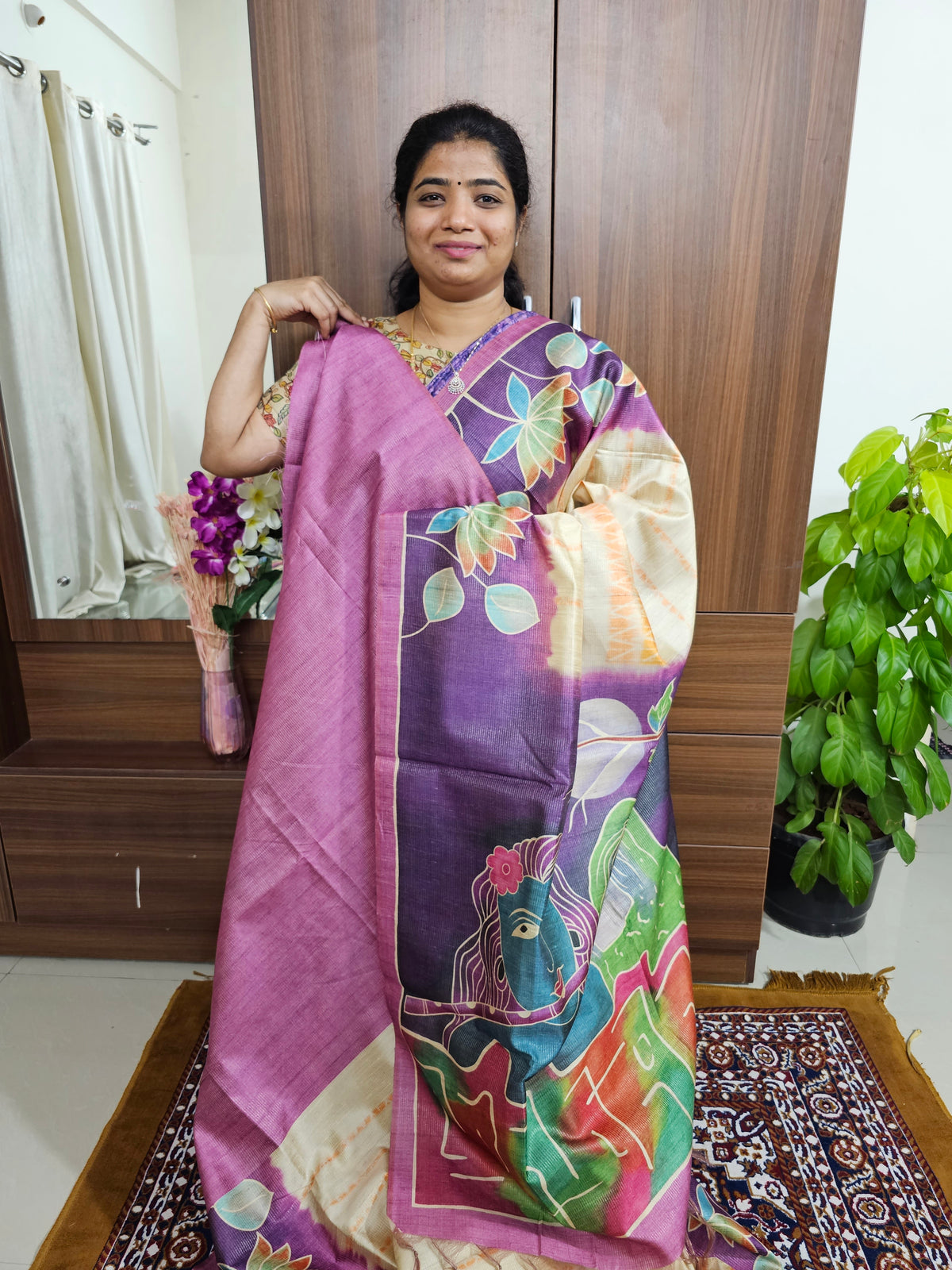 Semi Tussar with Striped Zari Weaving Saree - Cream with Purple