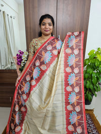 Semi Tussar with Striped Zari Weaving Saree - Cream with Red