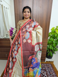 Semi Tussar with Striped Zari Weaving Saree - Cream with Red