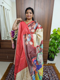 Semi Tussar with Striped Zari Weaving Saree - Cream with Red