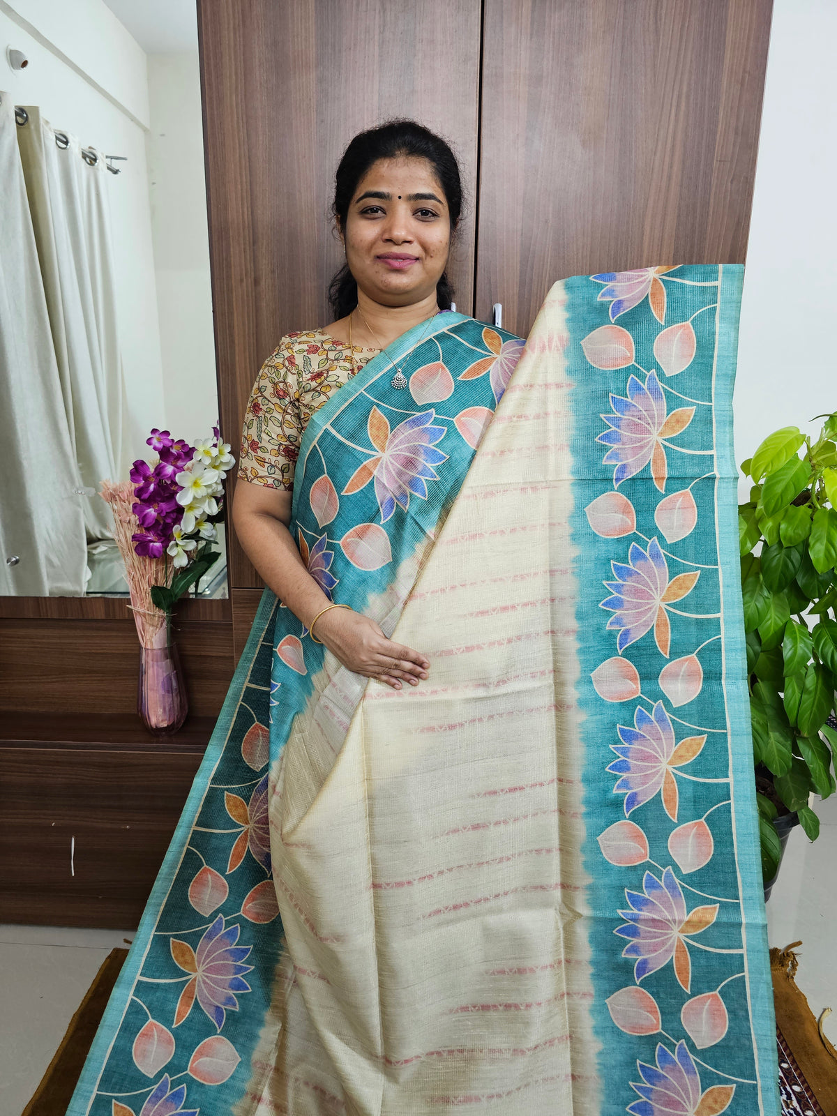 Semi Tussar with Striped Zari Weaving Saree - Cream with Blue