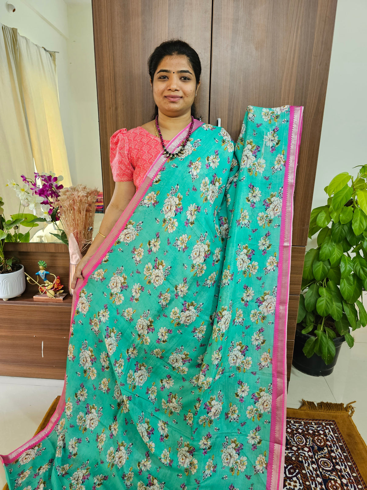 Pure Handloom Mangalagiri Silk Cotton with Digital Prints - Sea Green with Pink