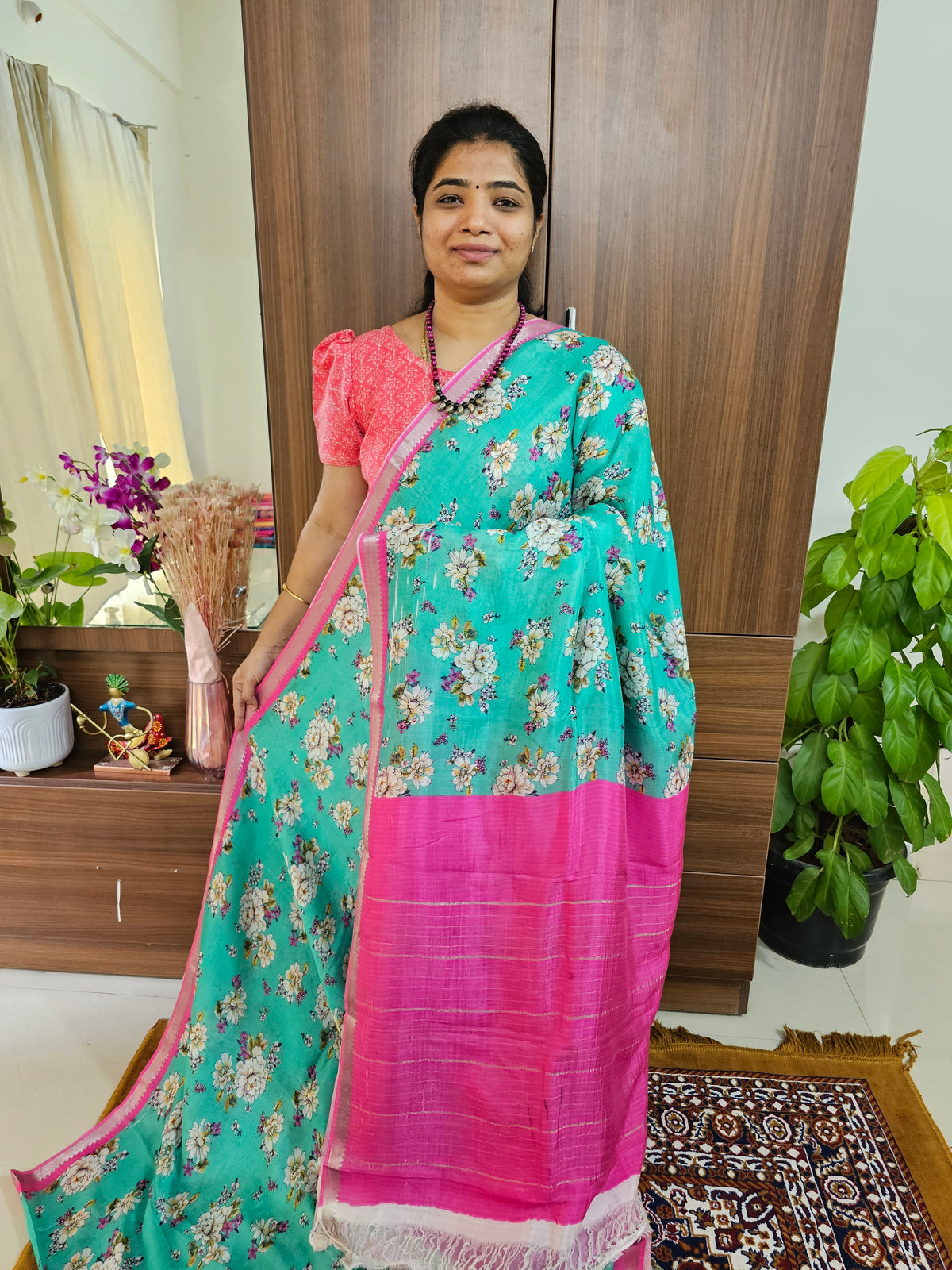 Pure Handloom Mangalagiri Silk Cotton with Digital Prints - Sea Green with Pink