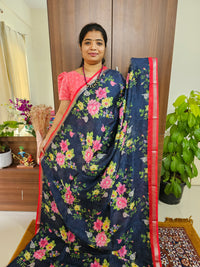 Pure Handloom Mangalagiri Silk Cotton with Digital Prints - Navy Blue with Red