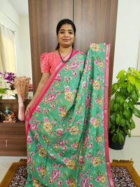 Pure Handloom Mangalagiri Silk Cotton with Digital Prints - Green with Pink