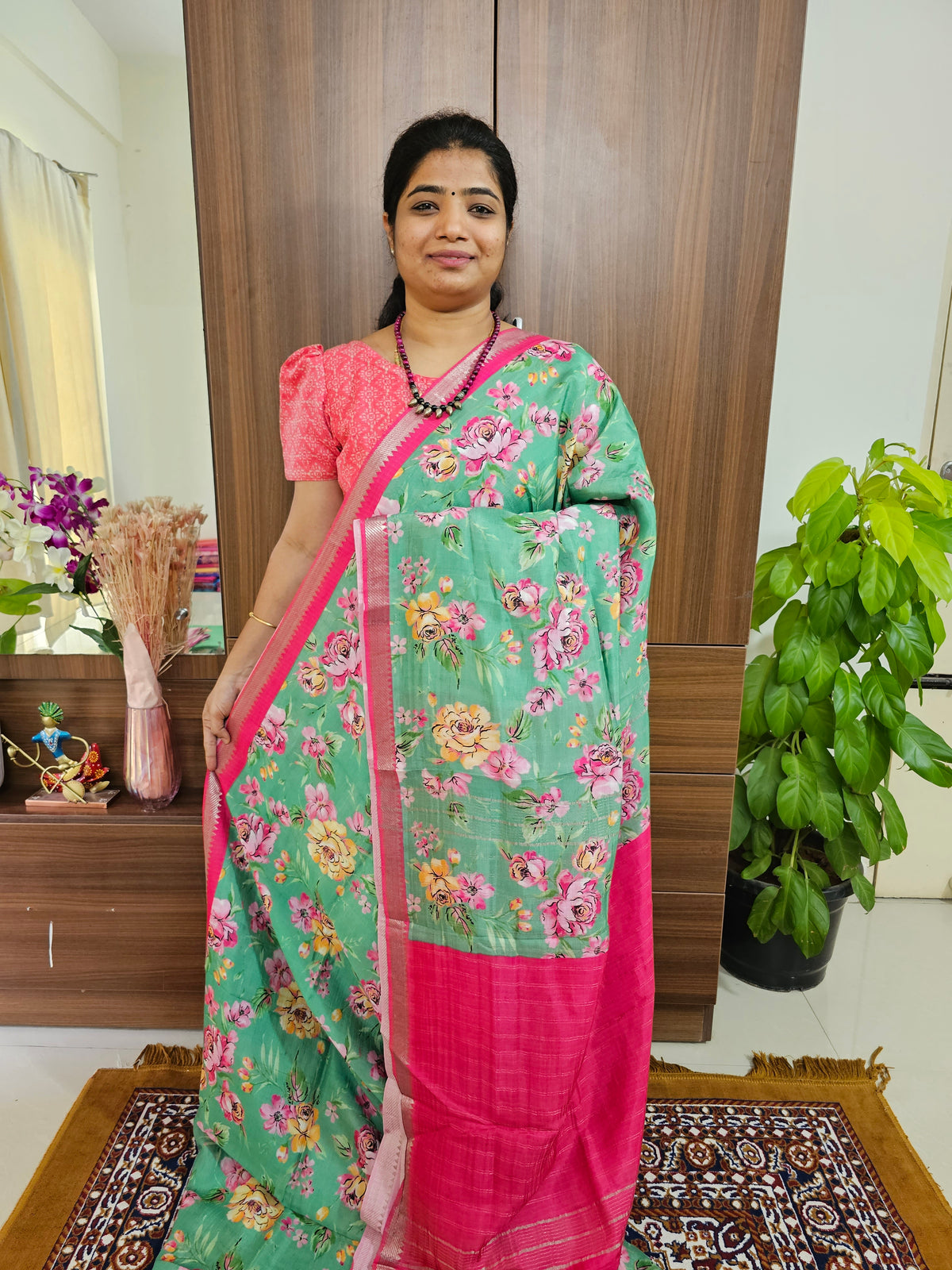 Pure Handloom Mangalagiri Silk Cotton with Digital Prints - Green with Pink