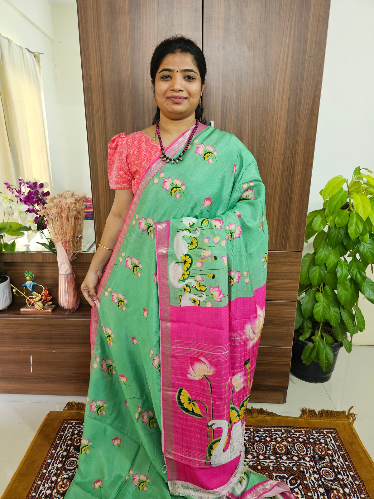 Pure Handloom Mangalagiri Silk Cotton with Digital Prints - Green with Pink