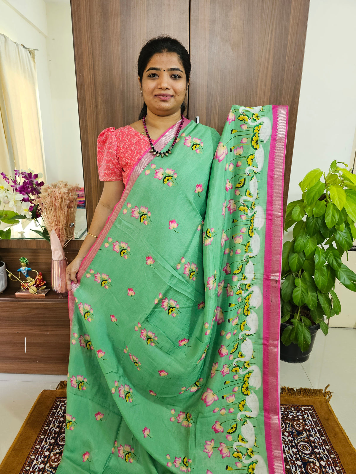 Pure Handloom Mangalagiri Silk Cotton with Digital Prints - Green with Pink