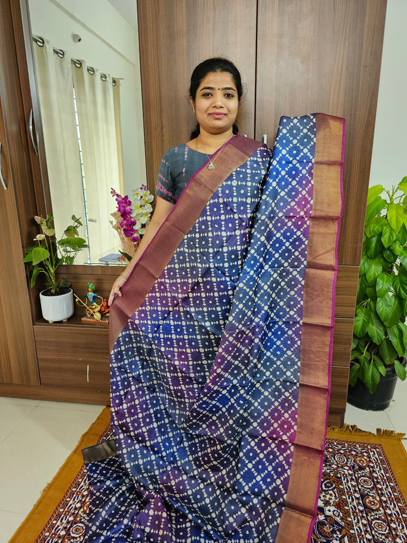 Multi Colour with Pink Pallu Handwoven Tussar Silk Saree with Zari Border