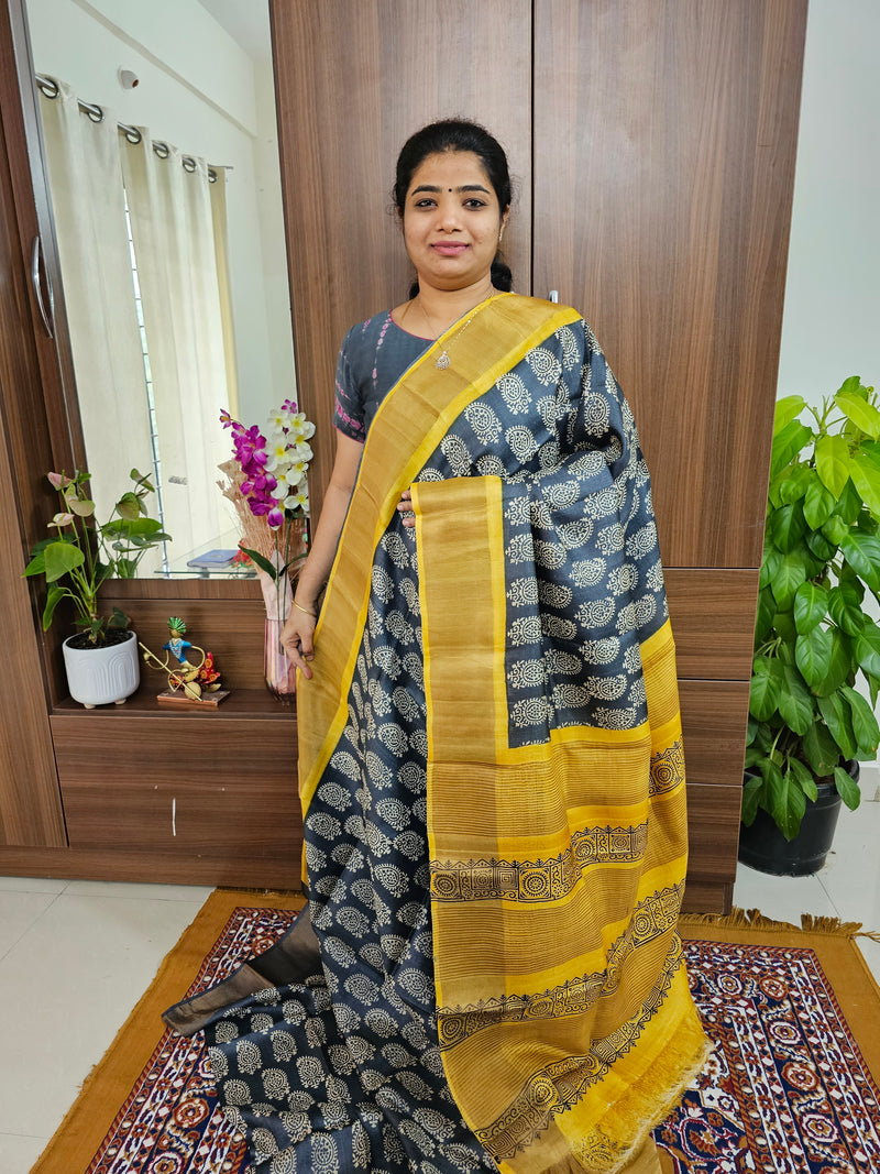 Elephant Grey with Yellow Pallu Handwoven Tussar Silk Saree with Zari Border