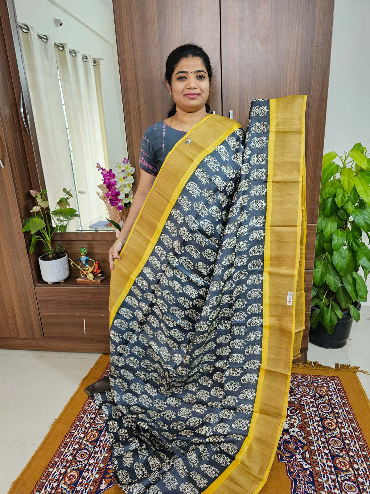 Elephant Grey with Yellow Pallu Handwoven Tussar Silk Saree with Zari Border