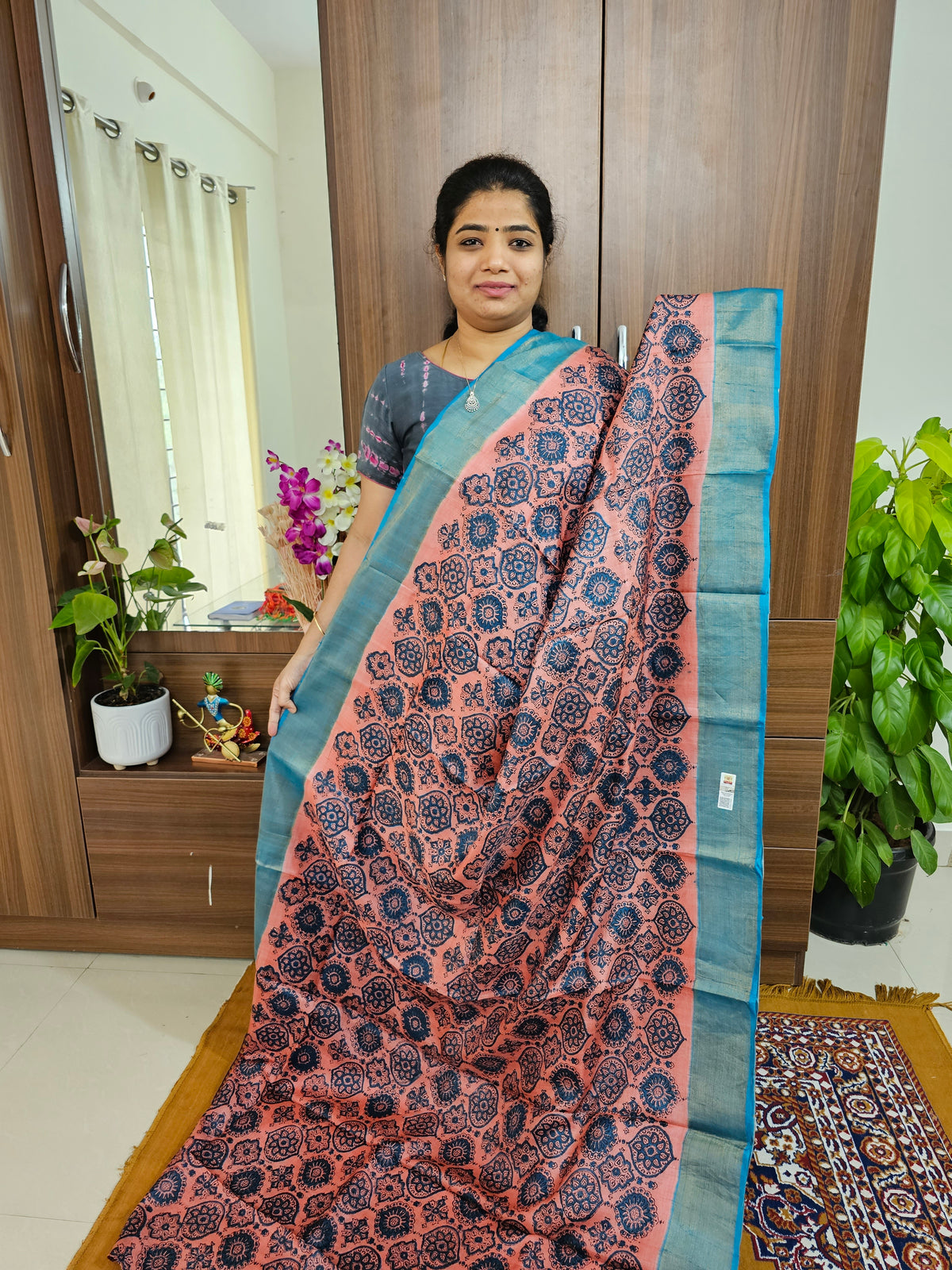 Peach with Blue Ajrak Pattern Handwoven Tussar Silk Saree with Zari Border