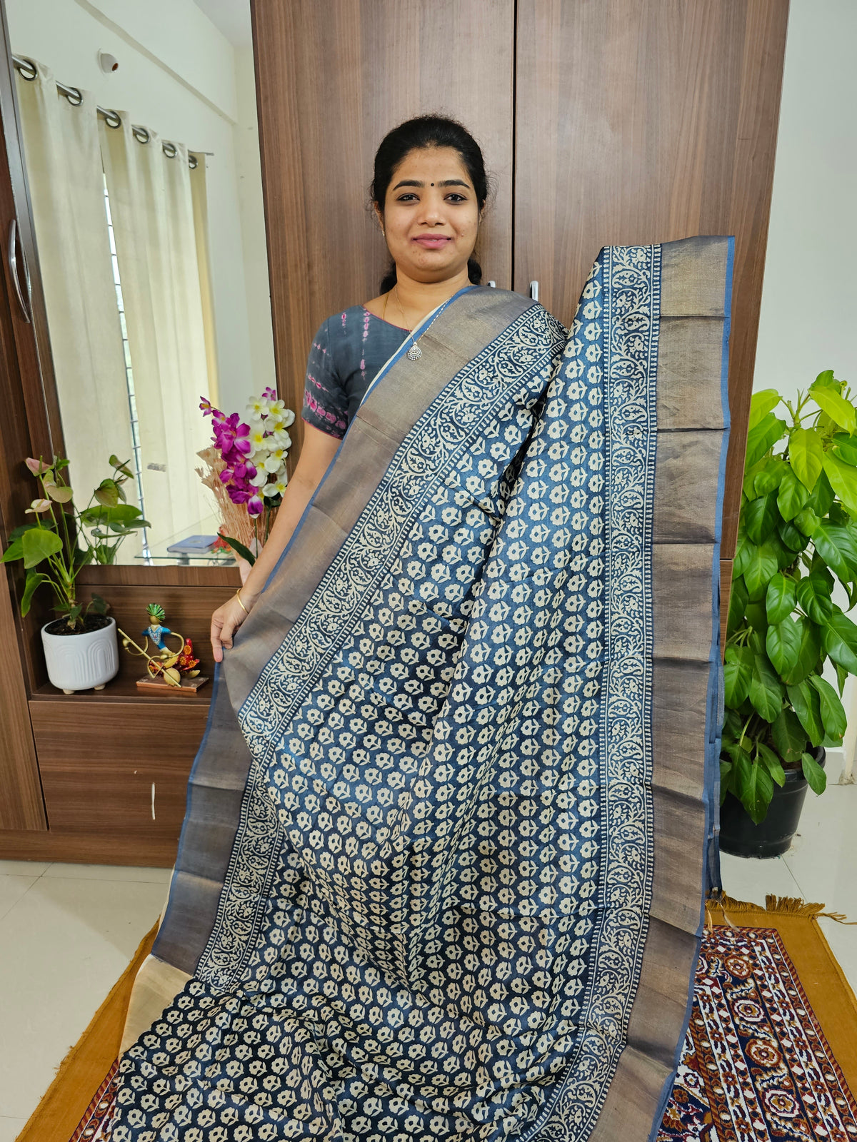 Monochrome Grey Block Printed Handwoven Tussar Silk Saree with Zari Border