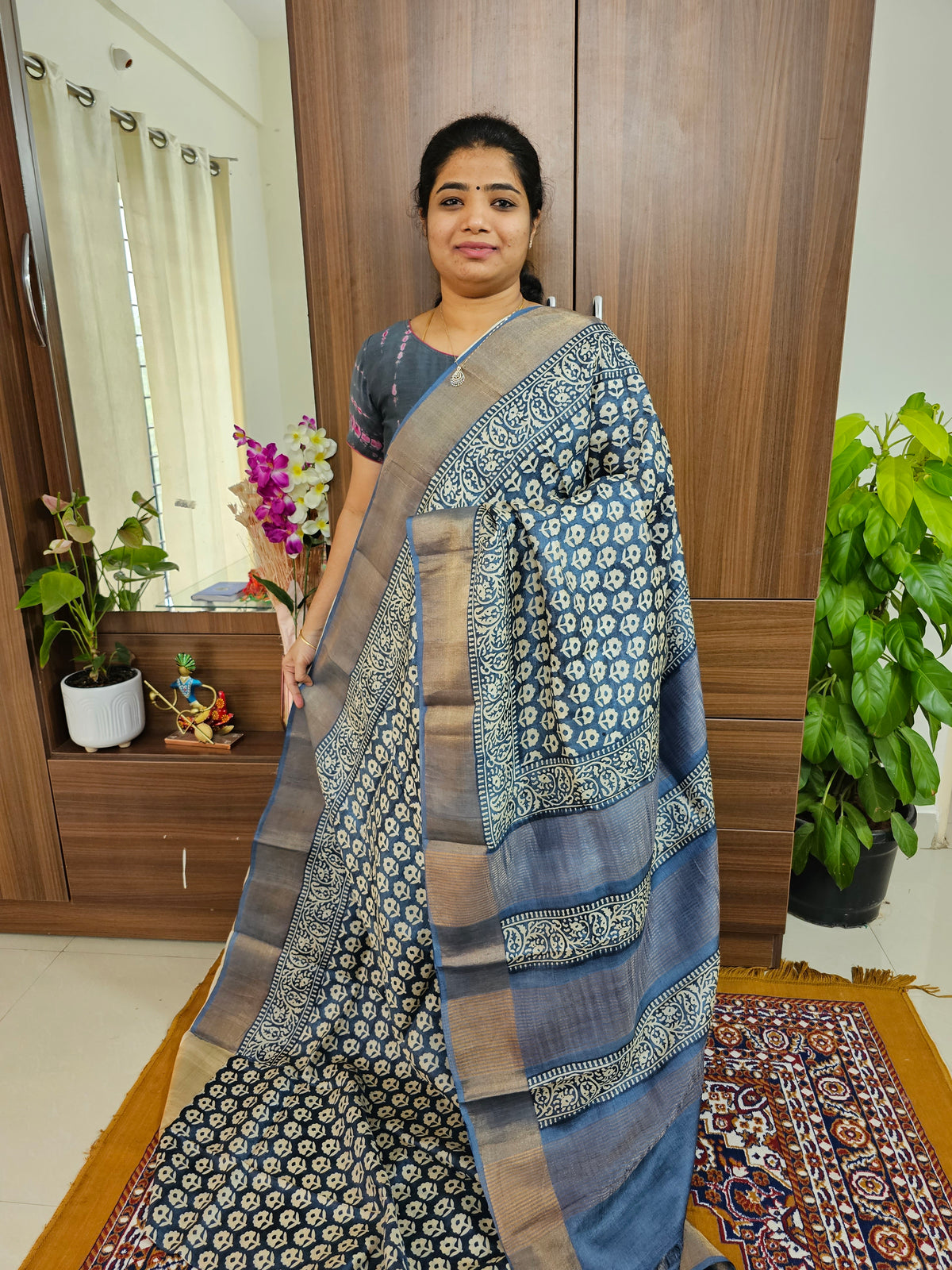 Monochrome Grey Block Printed Handwoven Tussar Silk Saree with Zari Border