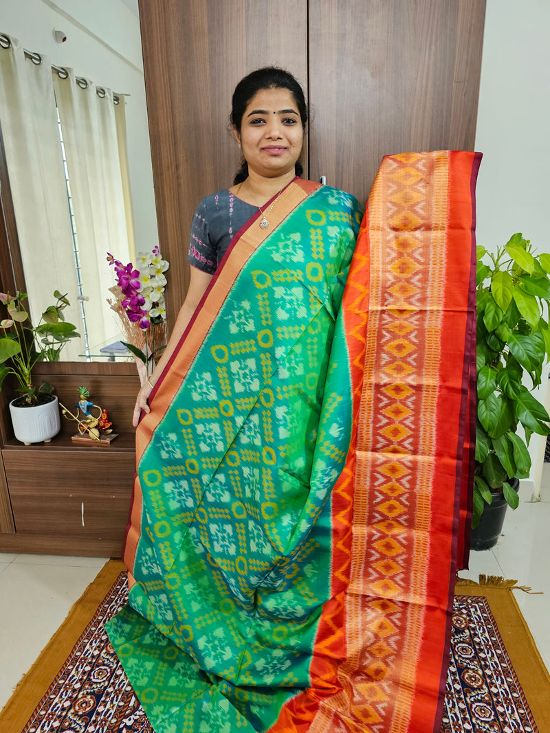 Handloom Pochampally Ikkat Pure Soft Silk Saree - Dual Shade Sea Green with Red and Maroon