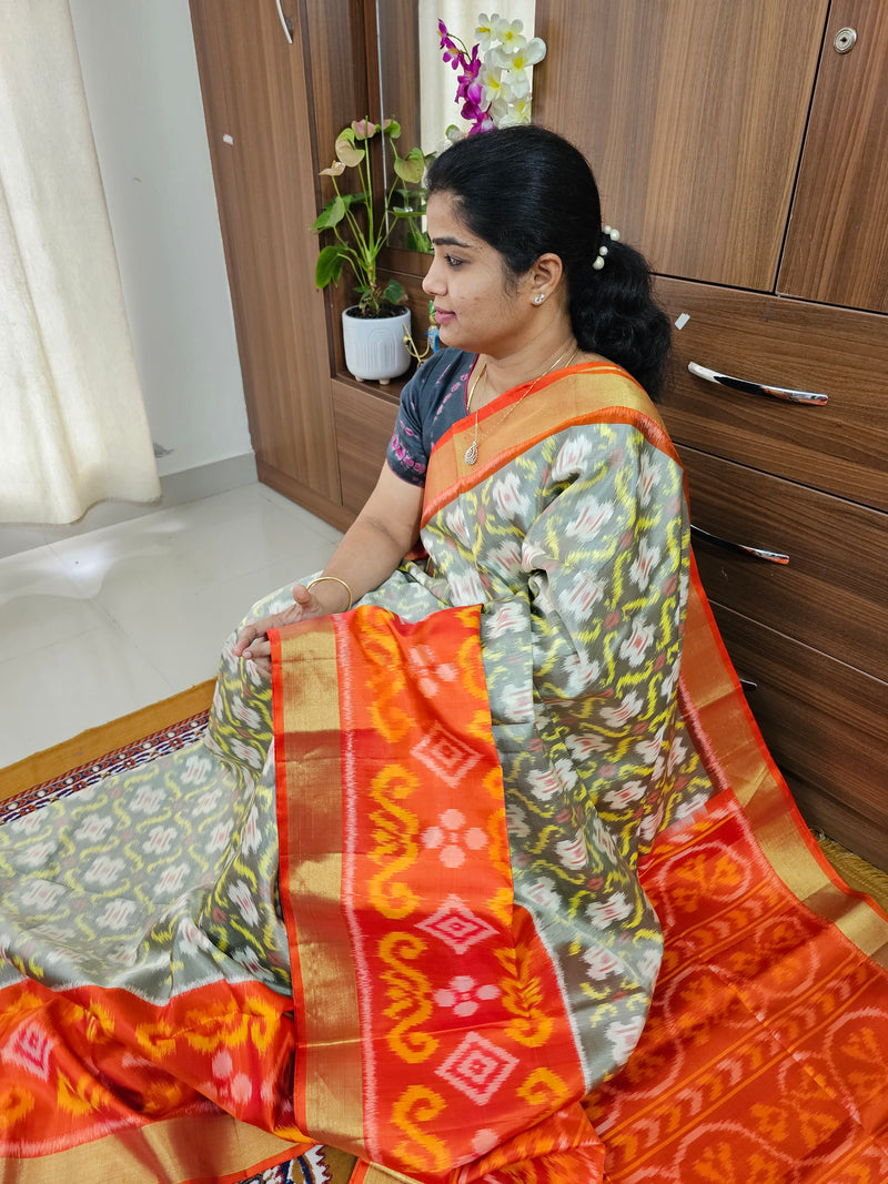 Handloom Pochampally Ikkat Pure Soft Silk Saree - Grey with Orange