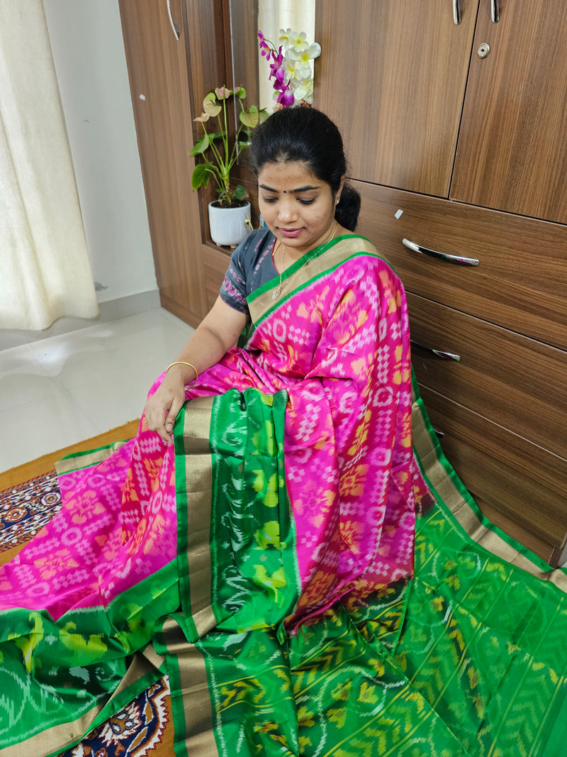 Handloom Pochampally Ikkat Pure Soft Silk Saree - Pink with Green