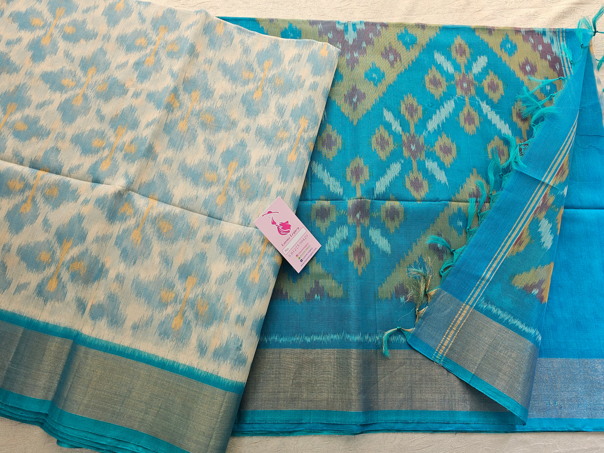 White with Blue Pochampally Ikkat Silk Cotton (SICO  Pattu)