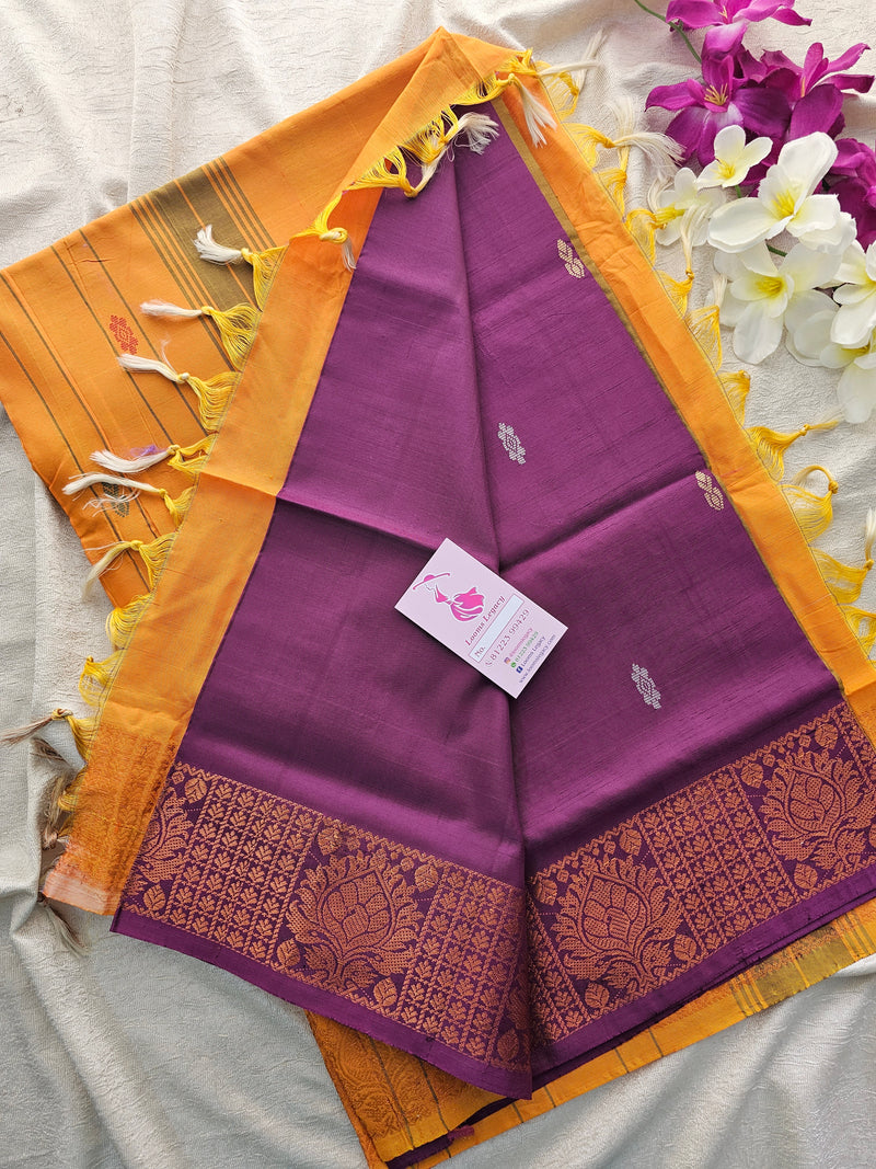 Purple with Yellow cum Orange Pallu Chinnalampattu Border Saree