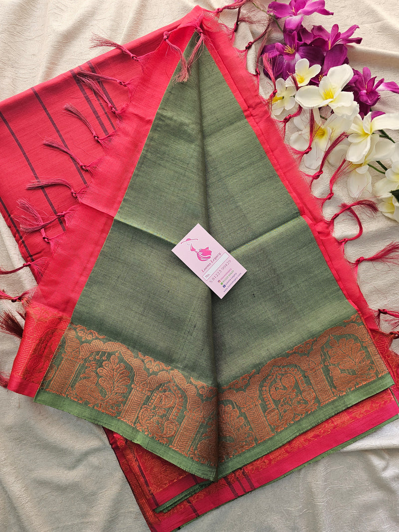 Dark Green with Pink Pallu Chinnalampattu Border Saree