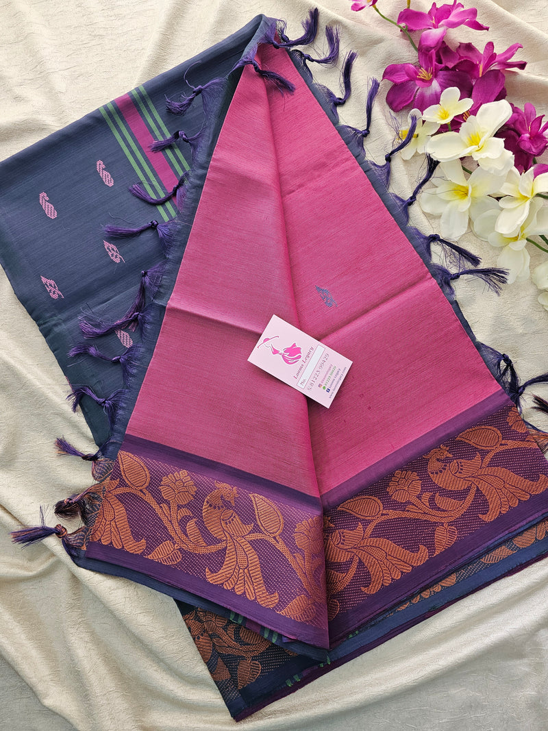 Pink with Blue Pallu Chinnalampattu Border Saree