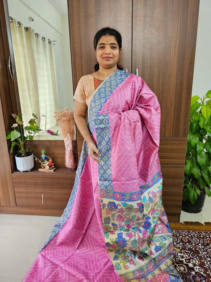 Semi Tussar Digital Prints with Contrast Border - Pink with Blue