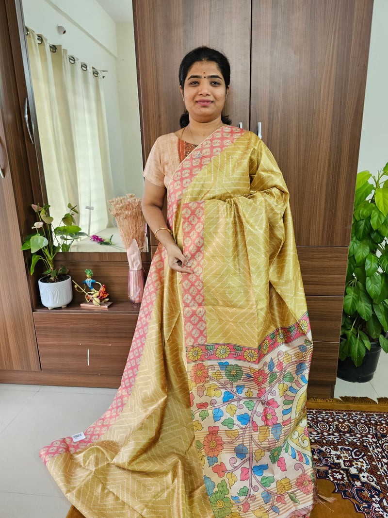 Semi Tussar Digital Prints with Contrast Border - Yellow with Peach