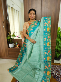 Semi Tussar Digital Prints with Contrast Border - Sea Blue