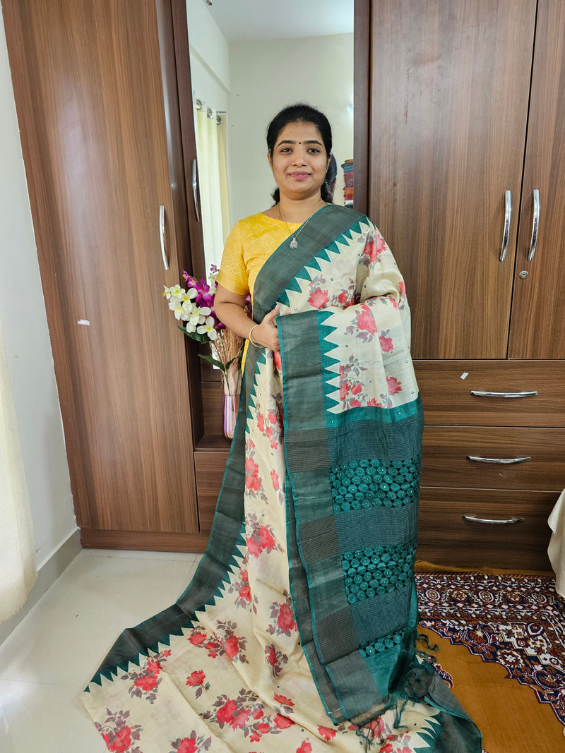 Cream with Dark Green Pure Handwoven Tussar Silk Saree with Cut Work