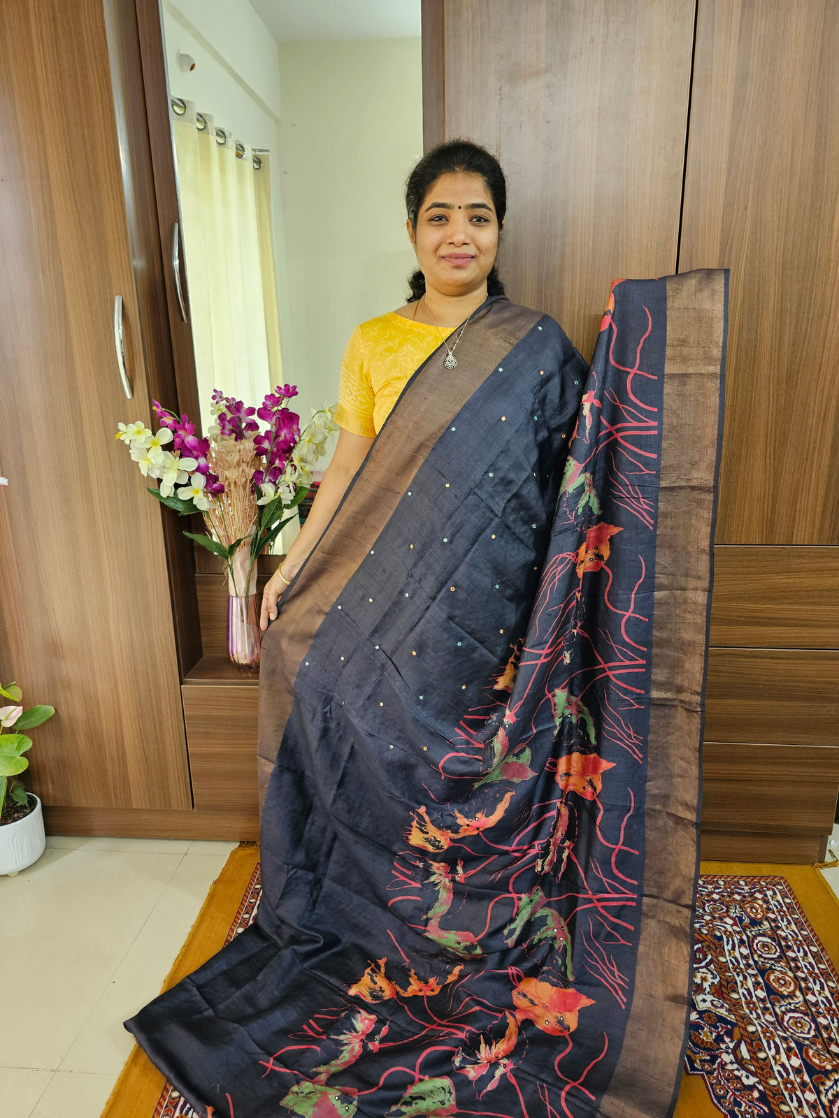 Monochrome Black Pure Handwoven Tussar Silk Saree with Cut Work