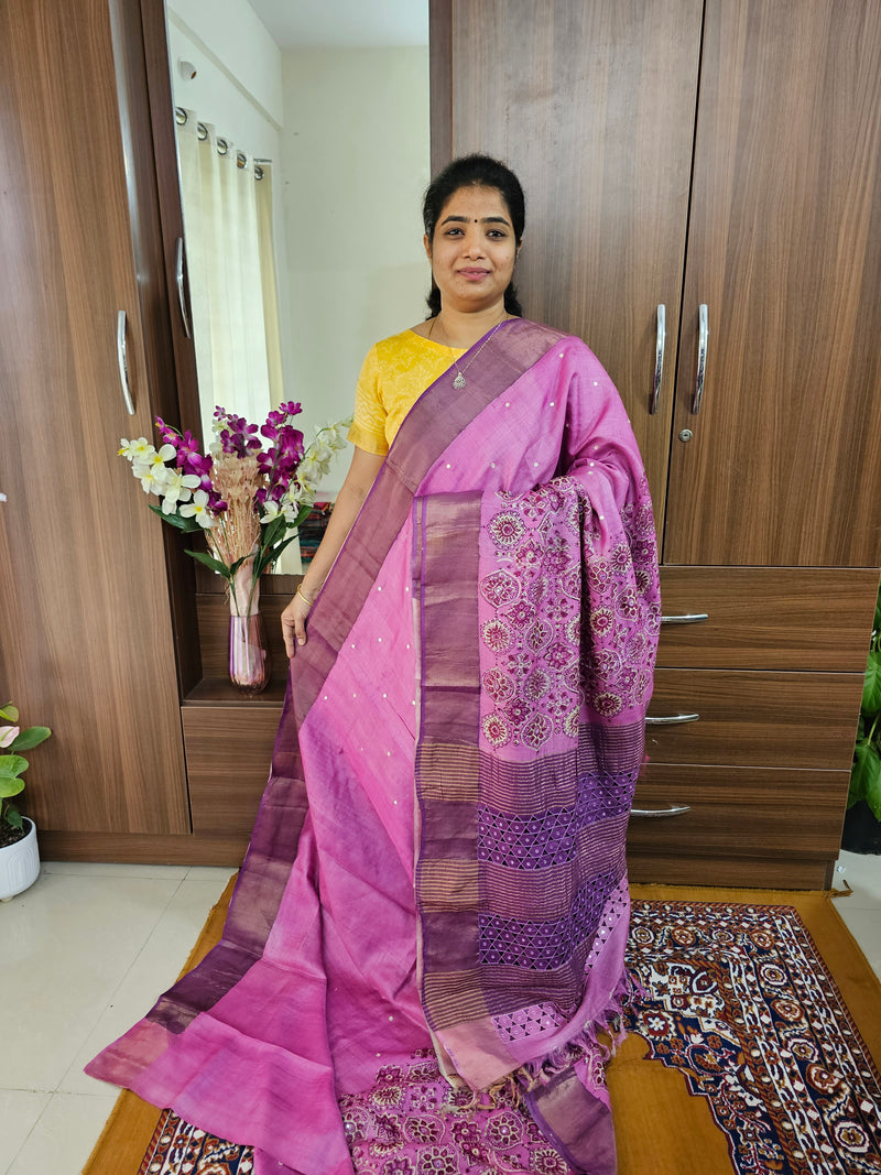 Pink with Purple Ajrak Print on Pure Handwoven Tussar Silk Saree with Cut Work