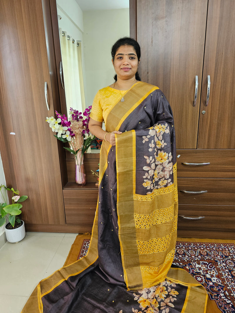 Brown with Mustard Yellow Pure Handwoven Tussar Silk Saree with Cut Work