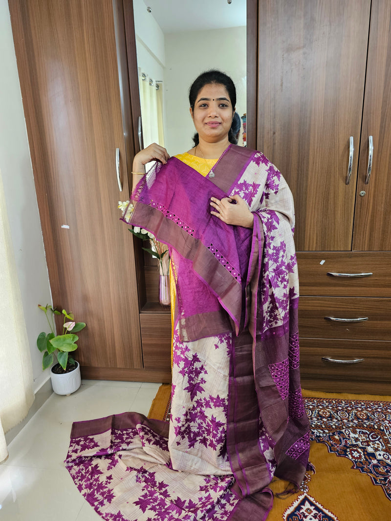 Cream with Magenta Pink Pure Handwoven Tussar Silk Saree with Cut Work