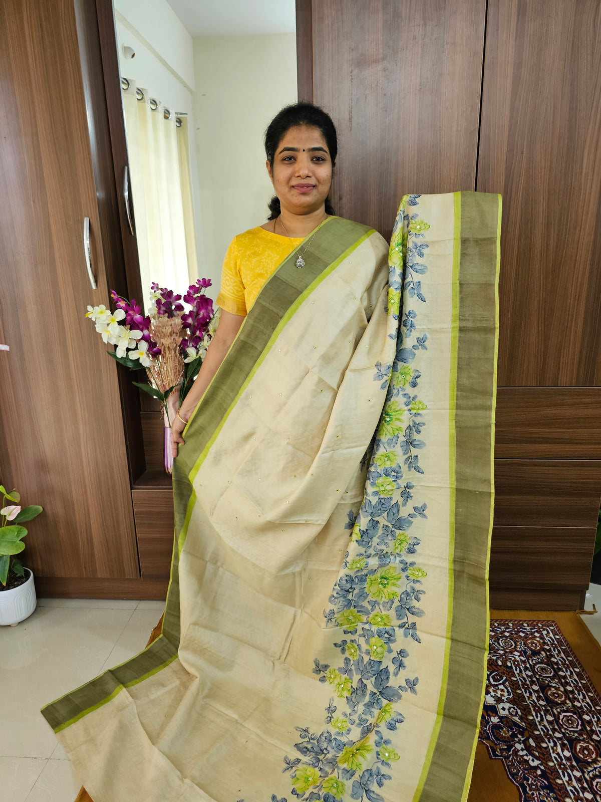 Cream with Green Pure Handwoven Tussar Silk Saree with Cut Work