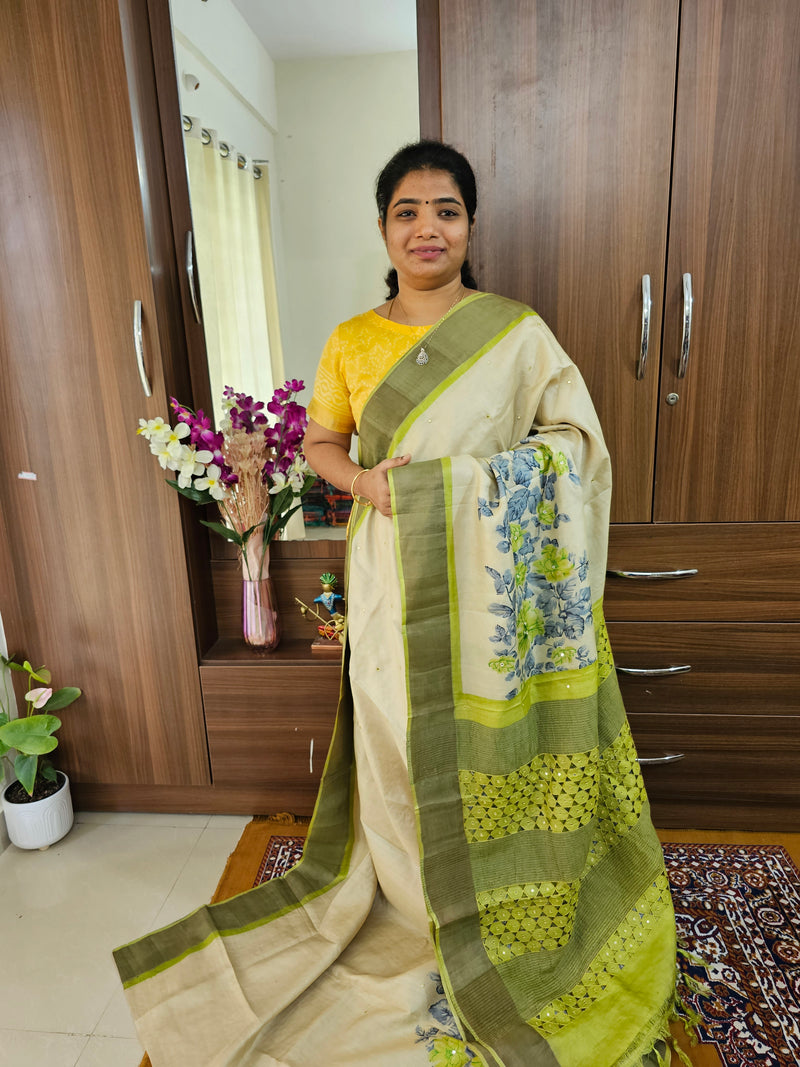 Cream with Green Pure Handwoven Tussar Silk Saree with Cut Work