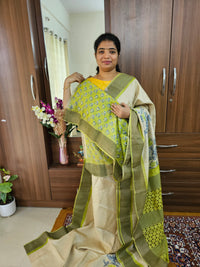 Cream with Green Pure Handwoven Tussar Silk Saree with Cut Work